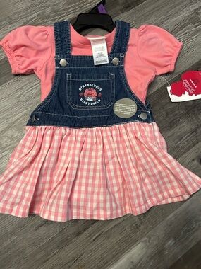 Strawberry Shortcake Pink Gingham Denim Pinafore Dress Set for Kids
